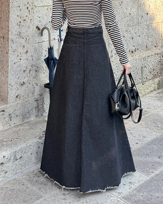 Flared long denim skirt