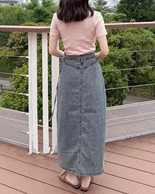 Wrap long denim skirt