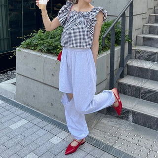 Gingham check frill blouse