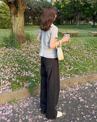 Checked ribbon frill short-sleeved T-shirt