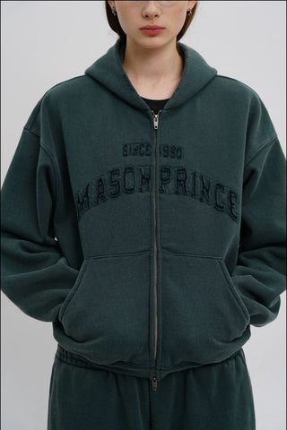 [MASONPRINCE] Washed Logo Applique Zip Hoodie Set