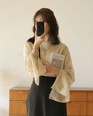 (ORIGINAL) Round Collar Button Sheer Blouse