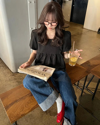 Rolled-up denim wide-leg pants