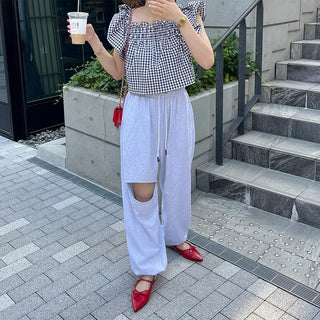 Gingham check frill blouse