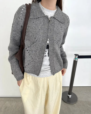 Perforated Collar Knit Zip-Up