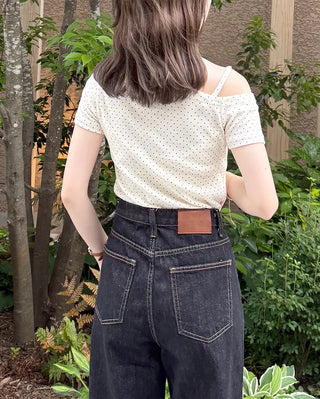 Dot Asymmetric Off-Shoulder Short-Sleeve T-Shirt