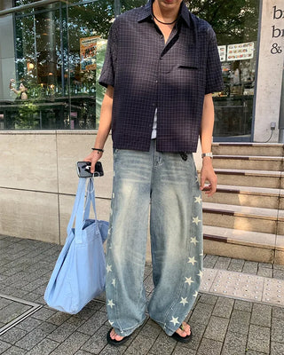 Star print balloon denim pants