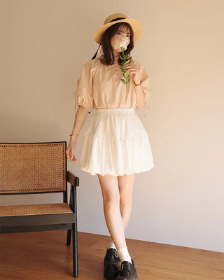 (ORIGINAL) Henley Neck Ribbon Balloon Blouse