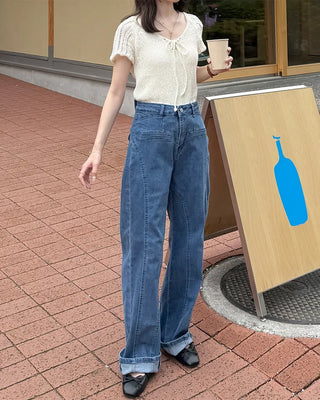 Back ribbon frill denim pants