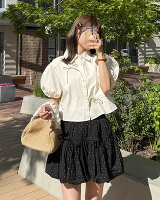 Ribbon Point Dot Pattern Balloon Fit Mini Skirt