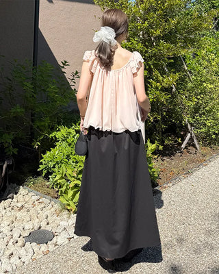 Frilled ribbon chiffon off-shoulder blouse