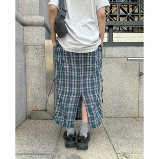 Checked ribbon strap long skirt