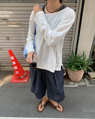 Sheer Oversized U-Neck Long-Sleeve T-Shirt