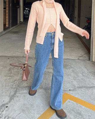 Ribbed cardigan and scarf set