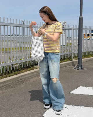 Multi-stripe half-sleeve T-shirt