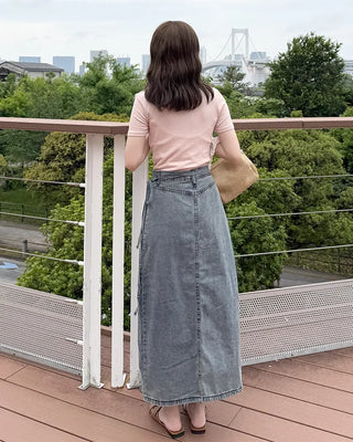 Wrap long denim skirt