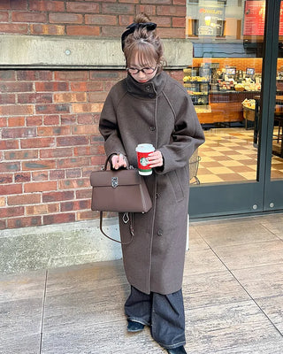 High-neck belted long coat