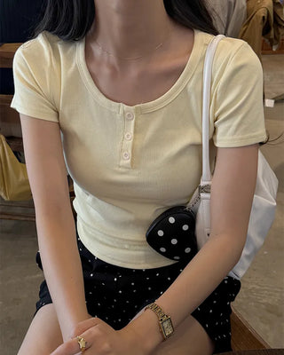 Button Point Round Short Sleeve T-Shirt