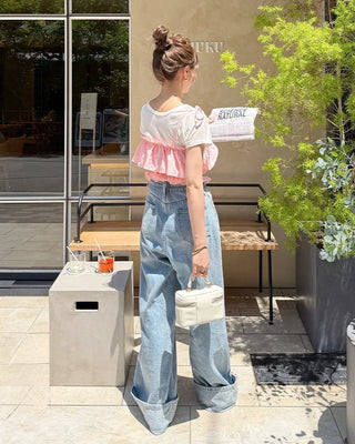 Rolled-up wide-leg denim pants