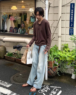 Washed denim pants with double back pockets
