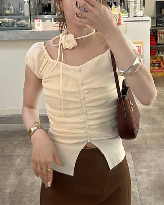 Flower Strap Heart Neck Shirring Short Sleeve T-Shirt