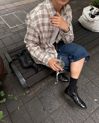 Oversized seersucker check long-sleeved shirt