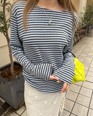 Boat neck striped long-sleeved T-shirt