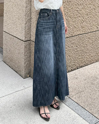 Washed denim long skirt