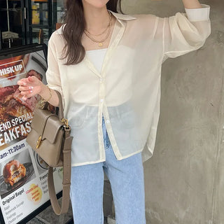 Drop-shoulder sheer shirt