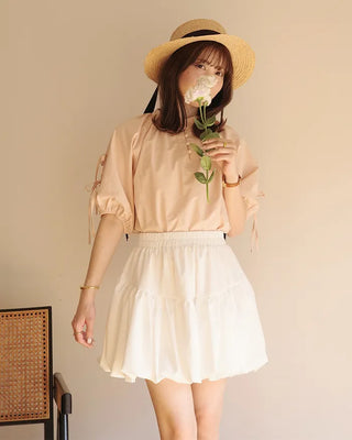 (ORIGINAL) Henley Neck Ribbon Balloon Blouse