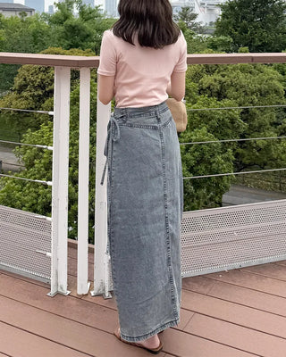 Wrap long denim skirt