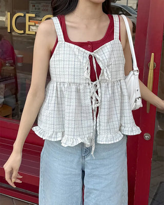 Checked ribbon sleeveless blouse