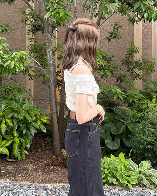 Dot Asymmetric Off-Shoulder Short-Sleeve T-Shirt