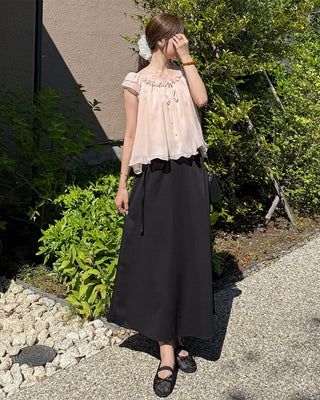 Frilled ribbon chiffon off-shoulder blouse