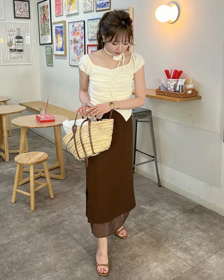 Flower Strap Heart Neck Shirring Short Sleeve T-Shirt