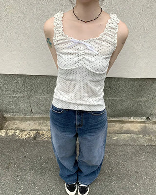 Pindot Ribbon Gathered Elastic Tank Top