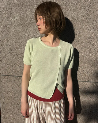 Asymmetrical Button Short Sleeve Knit