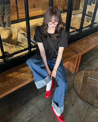 Rolled-up denim wide-leg pants