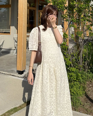 Flower Pattern Puff Long Dress