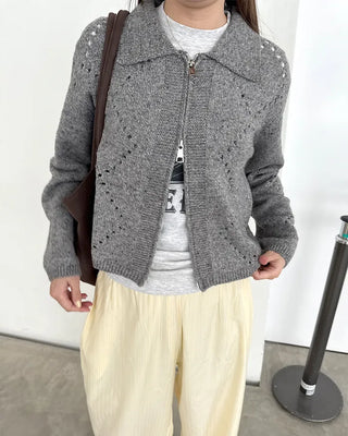 Perforated Collar Knit Zip-Up