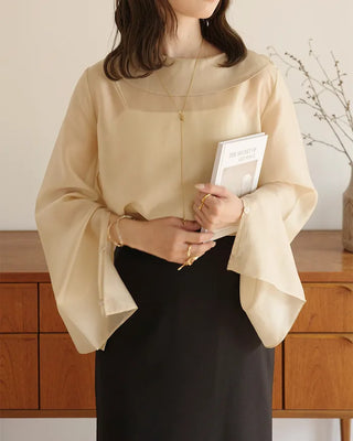 (ORIGINAL) Round Collar Button Sheer Blouse