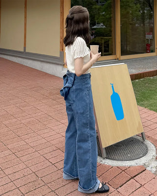 Back ribbon frill denim pants