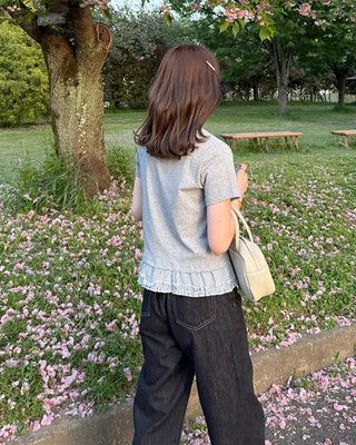 Checked ribbon frill short-sleeved T-shirt