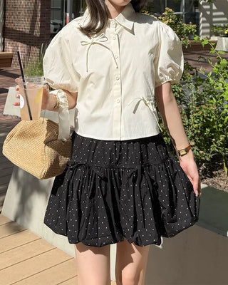 Ribbon Point Dot Pattern Balloon Fit Mini Skirt