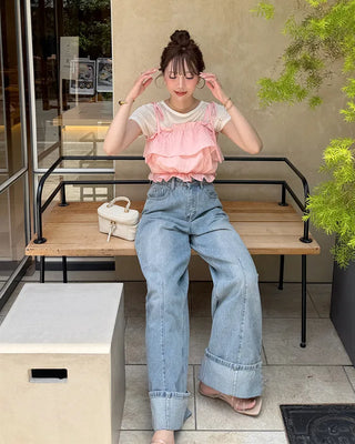 Rolled-up wide-leg denim pants