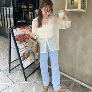 Drop-shoulder sheer shirt