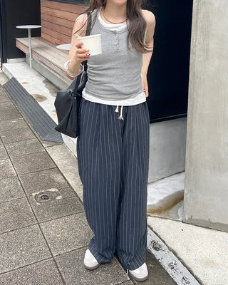 Striped wide banding pants