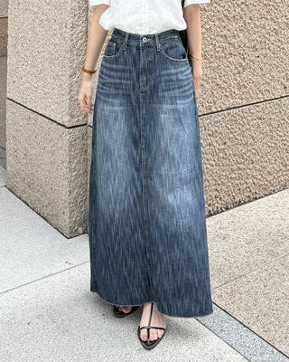Washed denim long skirt