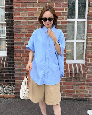 (Unisex) Oxford Overfit Half Sleeve Shirt