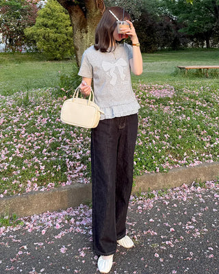 Checked ribbon frill short-sleeved T-shirt